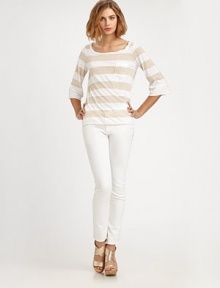 A striped essential in a lightweight jersey blend.Split scoopneckContrast stripe yokeDropped shouldersLong sleevesPullover style50% polyester/25% cotton/25% modalMachine washMade in USAModel shown is 5'10½ (179cm) wearing US size 4. A striped essential in a lightweight jersey blend.Split scoopneckContrast stripe yokeDropped shouldersLong sleevesPullover style50% polyester/25% cotton/25% modalMachine washMade in USAModel shown is 5'10½ (179cm) wearing US size 4.