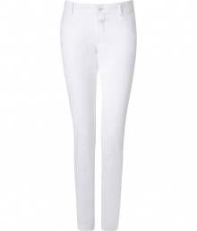 Inject some bright white into your new-season style with these slim fit chinos from Closed - Skinny silhouette, chino-style, zip with button closure, belt loops, slant pockets, back welt pockets with button - Style with a printed blouse, boyfriend cardigan, and embellished ballet flats Inject some bright white into your new-season style with these slim fit chinos from Closed - Skinny silhouette, chino-style, zip with button closure, belt loops, slant pockets, back welt pockets with button - Style with a printed blouse, boyfriend cardigan, and embellished ballet flats