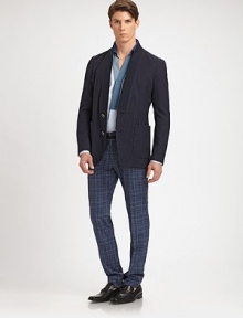Contrast waist band adds an unexpected twist to this modern-fit check print trouser crafted from fine Italian wool.Flat front styleZip fly closureBack welt pocketsInseam, about 31WoolDry cleanMade in Italy Contrast waist band adds an unexpected twist to this modern-fit check print trouser crafted from fine Italian wool.Flat front styleZip fly closureBack welt pocketsInseam, about 31WoolDry cleanMade in Italy