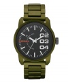 Set your mission and count down to success with this tough watch by Diesel. Brushed green aluminum bracelet and round stainless steel case with green aluminum finish. Matte black dial features stick indices, minute track, large numerals at two, three and four o'clock, orange logo and three hands. Quartz movement. Water resistant to 100 meters. Two-year limited warranty.