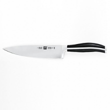 The Twin Cuisine series of knives from Henckels features premium high-carbon stainless steel forged blades with improved cutting edge retention and corrosion resistance. The handles are a creation of new technology - a rivetless, molded handle design with a full tang, no gaps, smooth shape and grip. The Henckels Twin emblem is branded in stainless on the end of the handle.