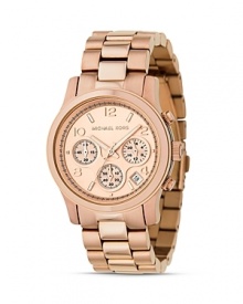MICHAEL Michael Kors classic chronograph three-link bracelet watch in stainless steel. Round rose goldtone dial with Arabic numbers. Three subdials and date display. MICHAEL Michael Kors classic chronograph three-link bracelet watch in stainless steel. Round rose goldtone dial with Arabic numbers. Three subdials and date display.