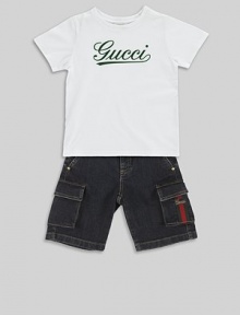 Dark-wash denim shorts with cursive logo detail, side cargo pockets and signature web embroidery.Front buttonAdjustable waistband with belt loopsZip flyFront pocketsSide cargo pockets with flap closure98% cotton/2% elastamDry cleanMade in Italy Dark-wash denim shorts with cursive logo detail, side cargo pockets and signature web embroidery.Front buttonAdjustable waistband with belt loopsZip flyFront pocketsSide cargo pockets with flap closure98% cotton/2% elastamDry cleanMade in Italy