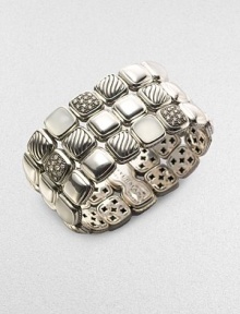 From the Chiclet Collection. Sterling silver, moon quartz, and diamond pavé in a three row design.Diamond, 0.81 tcw Moon quartz Sterling silver Medium wrist size Length, about 7 Made in USA From the Chiclet Collection. Sterling silver, moon quartz, and diamond pavé in a three row design.Diamond, 0.81 tcw Moon quartz Sterling silver Medium wrist size Length, about 7 Made in USA