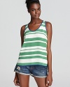 Stash the tee and slip into this luxe Madison Marcus green stripe tank with navy piping for a fresh look that elevates denim cut-offs from off-duty to on-trend in a breeze.