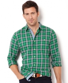 A contrast-colored placket adds a modern detail to this classic preppy plaid shirt from Nautica. A contrast-colored placket adds a modern detail to this classic preppy plaid shirt from Nautica.