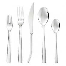 Flatware with a modern, simple silhouette and mirror finish by Ginkgo. Set includes four 5-piece place settings. Dishwasher safe. Flatware with a modern, simple silhouette and mirror finish by Ginkgo. Set includes four 5-piece place settings. Dishwasher safe.