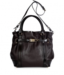 The classic tote goes ultra-luxe with this supple leather iteration from Burberry London - Classic carryall style, carrying handles, convertible shoulder strap, belted details with gold-tone logo clasp, metal feet at bottom, multiple internal pockets, tartan logo lining, pebbled leather - Perfect for daily use or off-duty chic