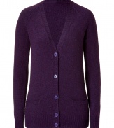 Luxurious cardigan in a fine heathered purple cashmere - Particularly soft, elegant quality - New, long, slim boyfriend style comes down over your hip - Feminine fitted cut - With a deep V-neck d?collet? and two pockets - Stylish, but casual at the same time - Style: casual with jeans, cool with leggings, elegant with a pencil skirt