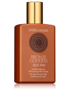 Give yourself a heavenly, sun-kissed tan with Bronze Goddess Golden Perfection Self-Tanning Milk for Body. This light, milky lotion glides on effortlessly and dries quickly, leaving a radiant glow. Advanced tan-perfecting technology is proven to deliver your most natural-looking shade ever, with color starting to develop in under an hour. Color deepens with repeated use. Light beachy scent. Bring out the bronze goddess in you. 5 oz. Give yourself a heavenly, sun-kissed tan with Bronze Goddess Golden Perfection Self-Tanning Milk for Body. This light, milky lotion glides on effortlessly and dries quickly, leaving a radiant glow. Advanced tan-perfecting technology is proven to deliver your most natural-looking shade ever, with color starting to develop in under an hour. Color deepens with repeated use. Light beachy scent. Bring out the bronze goddess in you. 5 oz.