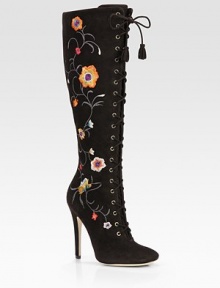 Lace-up design of suede with elegant floral embroidery, chic tassels and a sky-high heel. Self-covered heel, 4¾ (120mm)Shaft, 14¼Leg circumference, 13Suede upper with floral embroideryBack ZipLeather lining and solePadded insoleMade in ItalyOUR FIT MODEL RECOMMENDS ordering one size up as this style runs small. Lace-up design of suede with elegant floral embroidery, chic tassels and a sky-high heel. Self-covered heel, 4¾ (120mm)Shaft, 14¼Leg circumference, 13Suede upper with floral embroideryBack ZipLeather lining and solePadded insoleMade in ItalyOUR FIT MODEL RECOMMENDS ordering one size up as this style runs small.