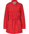 Stylish jacket made ​.​.of fine, red cotton-nylon blend - Casual but feminine parka-form is long with drawstring waist, shoulder bars, flap pockets, small collar and concealed zip - A favorite jacket for spring, it is trendy and protective - Pair with skinny jeans and boots, or cropped chinos and ballet flats