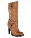 Rugged with a sexy twist, the tall Bianka leather boots by Mia feature a high stacked heel and textured sole. Pair with your favorite skinnies for a sleek look.