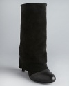 Raise a flap in See by Chloé's sophisticated pant boots, with elegant suede draping over high heels.