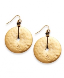 Totally textured. A distinctive hammered design stands out on these dramatic disk earrings from Lauren by Ralph Lauren. Strung from a chic cord, they're crafted in gold tone mixed metal. Approximate drop: 1-1/4 inches. Totally textured. A distinctive hammered design stands out on these dramatic disk earrings from Lauren by Ralph Lauren. Strung from a chic cord, they're crafted in gold tone mixed metal. Approximate drop: 1-1/4 inches.