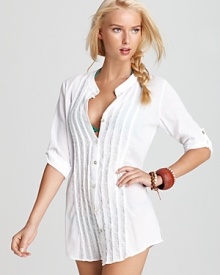 Shoshanna puts a feminine twist on the classic button-down, designing it in a breezy silhouette. This sheer shirt perfects a boy-borrowed beach look. Shoshanna puts a feminine twist on the classic button-down, designing it in a breezy silhouette. This sheer shirt perfects a boy-borrowed beach look.