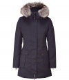 Your cold weather look just got more stylish with this luxe fitted down parka from Peuterey - Hood with raccoon fur trim, concealed zipper closure, long sleeves with zip cuffs logo detail, cargo pockets and slit pockets, slim fit, water repellent - Wear with an elevated jeans-and-tee ensemble or a workweek-chic look