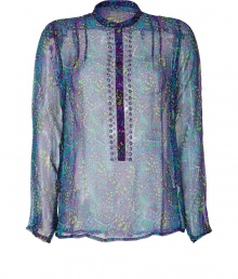Elegant top made ..of fine, slightly transparent silk chiffon - Stylish print in purple and aqua blue in slim cut, with high neck and long button mini-placket - Favorite, lighthearted top fits well with white capris, pencil skirts or flared jeans Elegant top made ..of fine, slightly transparent silk chiffon - Stylish print in purple and aqua blue in slim cut, with high neck and long button mini-placket - Favorite, lighthearted top fits well with white capris, pencil skirts or flared jeans