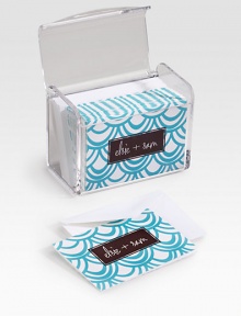 A set made just for you (or someone you love) includes 25 patterned notecards with any name on the front and plenty of room to write inside. Arrives in a convenient Lucite box with coordinating envelopes. Perfect gift idea 5¾W X 4¼H X 3½D Made in USAFOR PERSONALIZATION Select a quantity, then scroll down and click on PERSONALIZE & ADD TO BAG to choose and preview your personalization options. Please allow 2 weeks for delivery. A set made just for you (or someone you love) includes 25 patterned notecards with any name on the front and plenty of room to write inside. Arrives in a convenient Lucite box with coordinating envelopes. Perfect gift idea 5¾W X 4¼H X 3½D Made in USAFOR PERSONALIZATION Select a quantity, then scroll down and click on PERSONALIZE & ADD TO BAG to choose and preview your personalization options. Please allow 2 weeks for delivery.