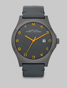 This dark and neutral style features a brushed case and supple leather strap. Quartz movementWater resistant to 5 ATMRound gunmetal brushed stainless steel case, 43mm (1.7)Brushed bezelGrey dialLogo hour markersDate display at 3 o'clockSecond hand Semi-shiny grey colored leather strapImported This dark and neutral style features a brushed case and supple leather strap. Quartz movementWater resistant to 5 ATMRound gunmetal brushed stainless steel case, 43mm (1.7)Brushed bezelGrey dialLogo hour markersDate display at 3 o'clockSecond hand Semi-shiny grey colored leather strapImported