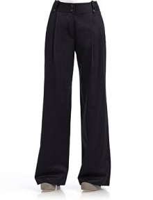 THE LOOKPleated frontWide waistband with belt loops and dual button closureFront zipperSlash pocketsFlared legsDual button flap pockets at backTHE FITRise, about 12Inseam, about 31½THE MATERIALCottonCARE & ORIGINMachine washImported THE LOOKPleated frontWide waistband with belt loops and dual button closureFront zipperSlash pocketsFlared legsDual button flap pockets at backTHE FITRise, about 12Inseam, about 31½THE MATERIALCottonCARE & ORIGINMachine washImported