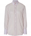 Elevate your workweek staples with this chic striped button down from Paul Smith - Small spread collar and cuffs with contrasting stripe print, all-over stripes, curved hem, relaxed silhouette -Style with cropped trousers, a blazer, and platform pumps