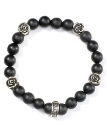Break with conventional accessories. This hard-hitting sterling silver and onyx bracelet from Queen Baby is equal parts edgy and glamorous, accented by delicate silver rosettes. Break with conventional accessories. This hard-hitting sterling silver and onyx bracelet from Queen Baby is equal parts edgy and glamorous, accented by delicate silver rosettes.