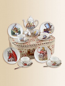 This heirloom quality children's tea set features original John Tenniel illustrations from the classic story, Alice in Wonderland. Each porcelain piece is hand-embellished in 22k gold. Set includes four plates, four tea cups & saucers, one tall tea pot, sugar & creamer and four stainless steel spoons all beautifully and safely stored in a fabric-lined trunk case.Beautifully gift boxed, 11.5W X 9H X 4DPorcelainPlate, 3.75DTea cup, 1.5 oz. This heirloom quality children's tea set features original John Tenniel illustrations from the classic story, Alice in Wonderland. Each porcelain piece is hand-embellished in 22k gold. Set includes four plates, four tea cups & saucers, one tall tea pot, sugar & creamer and four stainless steel spoons all beautifully and safely stored in a fabric-lined trunk case.Beautifully gift boxed, 11.5W X 9H X 4DPorcelainPlate, 3.75DTea cup, 1.5 oz.
