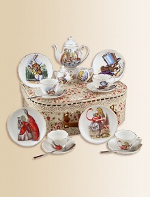 This heirloom quality children's tea set features original John Tenniel illustrations from the classic story, Alice in Wonderland. Each porcelain piece is hand-embellished in 22k gold. Set includes four plates, four tea cups & saucers, one tall tea pot, sugar & creamer and four stainless steel spoons all beautifully and safely stored in a fabric-lined trunk case.Beautifully gift boxed, 11.5W X 9H X 4DPorcelainPlate, 3.75DTea cup, 1.5 oz. 