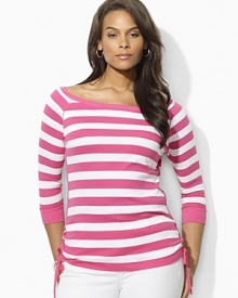 Bold stripes grace the front of a three quarter sleeve tee, crafted with an elegant ballet neckline and drawcord detailing at the hem to create chic ruching. Bold stripes grace the front of a three quarter sleeve tee, crafted with an elegant ballet neckline and drawcord detailing at the hem to create chic ruching.