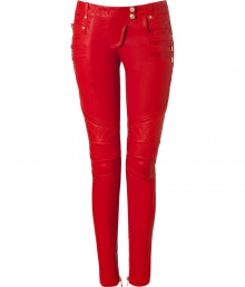 Rock n roll style goes ultra-luxe with these of-the-moment skinny leather pants from Balmain - Snap tab closure, belt loops, quilted panels at top, sides, knees, and back pockets, multiple side zip pockets, zips at hem, skinny fit, biker-style - Wear with an oversized top, a cropped blazer, and platform heels Rock n roll style goes ultra-luxe with these of-the-moment skinny leather pants from Balmain - Snap tab closure, belt loops, quilted panels at top, sides, knees, and back pockets, multiple side zip pockets, zips at hem, skinny fit, biker-style - Wear with an oversized top, a cropped blazer, and platform heels