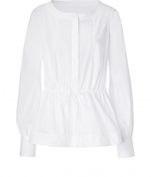 Luxe button down blouse in ultra-fine, white cotton - Feminine, tunic silhouette tapers gently - Round neck and gathered waist with slim, tie cinch - Long, cuffed sleeves - Elegant stitch embroidery and light pleat at chest - Polished and sophisticated, ideal for both work and leisure - Go for a casual look with skinny denim and sandals, or dress up with leather leggings and platform pumps