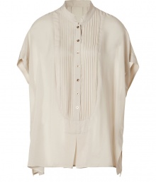 A modern take on a classic blouse, this button down from LAgence injects new season style into your wardrobe favorites - Stand collar, front button placket, pleating detail, short sleeves, oversized fit, side vents - Style with skinny jeans, an oversized cardigan, and lace-up booties A modern take on a classic blouse, this button down from LAgence injects new season style into your wardrobe favorites - Stand collar, front button placket, pleating detail, short sleeves, oversized fit, side vents - Style with skinny jeans, an oversized cardigan, and lace-up booties