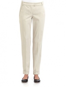THE LOOKBanded waist with belt loops Front zip with hook and button closureFront slash pocketsBack slash button pocketsBack darts Tapered legCuffed hemTHE FITRise, about 8Inseam, about 30THE MATERIAL98% cotton/2% elastaneCARE & ORIGINMachine wash ImportedModel shown is 5'10 (177cm) wearing US size 4. THE LOOKBanded waist with belt loops Front zip with hook and button closureFront slash pocketsBack slash button pocketsBack darts Tapered legCuffed hemTHE FITRise, about 8Inseam, about 30THE MATERIAL98% cotton/2% elastaneCARE & ORIGINMachine wash ImportedModel shown is 5'10 (177cm) wearing US size 4.