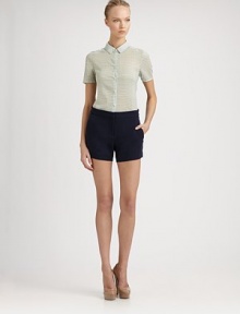 EXCLUSIVELY AT SAKS. A soft check print patterns this classic, cotton blend style.Modified point collarShort sleevesFront horn button closuresCurved back hemlineAbout 23 from shoulder to hem50% cotton/50% viscoseDry cleanMade in USA of Italian fabricModel shown is 5'11 (180cm) wearing US size 4. 