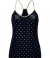 Sweet, feminine camisole top in blue stretch cotton - Delicate white polka dot pattern - Slim cut with slight v-neck and racerback straps - Suitable for night but also for the day  as a layering piece - Try at night with matching sleep shorts