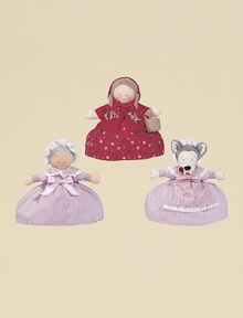 Reversible doll has two contrasting outfits in one: Little red riding hood with felt picnic basket flips upside down to a double-faced Grandmother/Wolf in pink. 10H X 10W X 2½D Imported Recommended for ages 2 and up