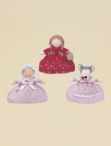 Reversible doll has two contrasting outfits in one: Little red riding hood with felt picnic basket flips upside down to a double-faced Grandmother/Wolf in pink. 10H X 10W X 2½D Imported Recommended for ages 2 and up