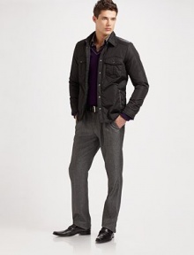 Handsome flat front style with a subtle pinstripe pattern for some polished edge.Narrow waistband with belt loops and button closure Front zipper Dual slash pockets at sides Dual button welt pockets at back Unfinished hems 70% polyester/27% viscose/3% elastane Dry clean Imported of Italian fabric Handsome flat front style with a subtle pinstripe pattern for some polished edge.Narrow waistband with belt loops and button closure Front zipper Dual slash pockets at sides Dual button welt pockets at back Unfinished hems 70% polyester/27% viscose/3% elastane Dry clean Imported of Italian fabric