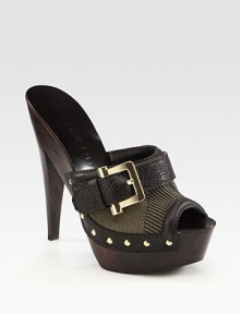 Leather and check-printed canvas enhance this buckle-detailed peep toe design. Wooden heel, 5½ (140mm)Island platform, 2 (50mm)Compares to a 3½ heel (90mm)Leather and canvas upperLeather lining and soleMade in ItalyOUR FIT MODEL RECOMMENDS ordering one size up as this style runs small. 