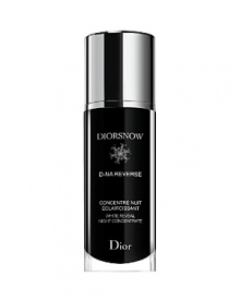 Diorsnow is a clinically-proven brightening treatment collection that evens the complexion, diminishes the appearance of dark spots and increases radiance. Powered by Icelandic Glacial Water and Diors exclusive Transparency Enhancing Complex the new formulas counteract skin acidity and target all 5 features of a radiant complexion (evenness, luminosity, moisture, texture and plumpness) for even faster and more effective brightening results. Immediately skin is illuminated with a flawless and even radiance that is intensified day after day.Diorsnow D-NA Reverse Night Concentrate 1.7 oz. Powerful night concentrate helps reverse the chain reaction at the origin of melanin production to brighten the skin and correct and prevent the appearance of dark spots. Diorsnow is a clinically-proven brightening treatment collection that evens the complexion, diminishes the appearance of dark spots and increases radiance. Powered by Icelandic Glacial Water and Diors exclusive Transparency Enhancing Complex the new formulas counteract skin acidity and target all 5 features of a radiant complexion (evenness, luminosity, moisture, texture and plumpness) for even faster and more effective brightening results. Immediately skin is illuminated with a flawless and even radiance that is intensified day after day.Diorsnow D-NA Reverse Night Concentrate 1.7 oz. Powerful night concentrate helps reverse the chain reaction at the origin of melanin production to brighten the skin and correct and prevent the appearance of dark spots.