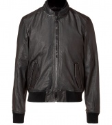 Stylish, blouson style leather jacket in dark brown, washed leather - From the Italian design duo Dolce & Gabbana - Small stand collar, two flap pockets, two-way zipper - Windproof, ribbed wool cuffs on the sleeves and hem - Cool and sexy - Pair with casual jeans and a T-shirt or a pullover and sneakers