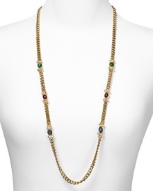 Get the inside track to bold style with this link necklace from Carolee, flaunting an eye-catching mix of multi hued stones, pearls, and 14-karat gold plate. Get the inside track to bold style with this link necklace from Carolee, flaunting an eye-catching mix of multi hued stones, pearls, and 14-karat gold plate.