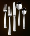 Finely brushed handles with classic ribbed bands lend this dinnerware collection beautiful finesse. Chime Satin place settings include a dinner knife, dinner fork, salad fork, soup spoon and teaspoon.