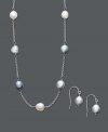 Sheer elegance in a chic, metallic sheen. Fresh by Honora jewelry set features an illusion-style necklace accented by gray multicolored cultured freshwater pearls (7-8 mm) with a matching pair of drop earrings. Crafted in sterling silver. Approximate necklace length: 18 inches. Approximate earring drop: 3/8 inch.