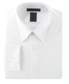Great with a suit or on its own, this sleek dress shirt is slim fit for a slimmer silhouette. Great with a suit or on its own, this sleek dress shirt is slim fit for a slimmer silhouette.
