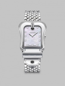 From the B. Fendi Collection. This brilliant timepiece boasts diamond markers on a pretty mother-of-pearl dial with a beautiful stainless steel bracelet. Swiss quartz movementWater resistant to 3 ATMRectangular stainless steel case, 36mm (1.4) X 30mm (1.1)Smooth bezelMother-of-pearl dialDiamond hour markers, .1 tcwStainless steel link bracelet, 18mm wide (0.7)Made in Switzerland From the B. Fendi Collection. This brilliant timepiece boasts diamond markers on a pretty mother-of-pearl dial with a beautiful stainless steel bracelet. Swiss quartz movementWater resistant to 3 ATMRectangular stainless steel case, 36mm (1.4) X 30mm (1.1)Smooth bezelMother-of-pearl dialDiamond hour markers, .1 tcwStainless steel link bracelet, 18mm wide (0.7)Made in Switzerland