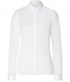 Elegant blouse made ​.​.of fine cotton - In wonderfully fresh and elegant, classic white - Feminine blouse cut with a small collar, figure-flattering waist and long sleeves - Covered button placket - A modern classic, ever-ready to wear - A favorite basic for the office, leisure and evening, works with a pant suit, an elegant skirt, jeans