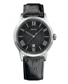 Classically handsome styling allows this sleek Hugo Boss dress watch to outlast trends. Black croc-embossed leather strap and round stainless steel case. Black dial with inner striped dial features silvertone Roman numerals, date window at six o'clock, and logo. Quartz movement. Water resistant to 30 meters. Two-year limited warranty.