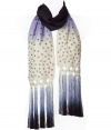 Luxurious scarf in fine printed silk - fashion color iris blue, decorative tie-dye optic - a dream accessory, nice and long, moderate width - stylish XL-fringes - noble, glamorous AND trendy - pairs with literally everything in your closet, from a simple shirt to a shift dress to a biker jacket